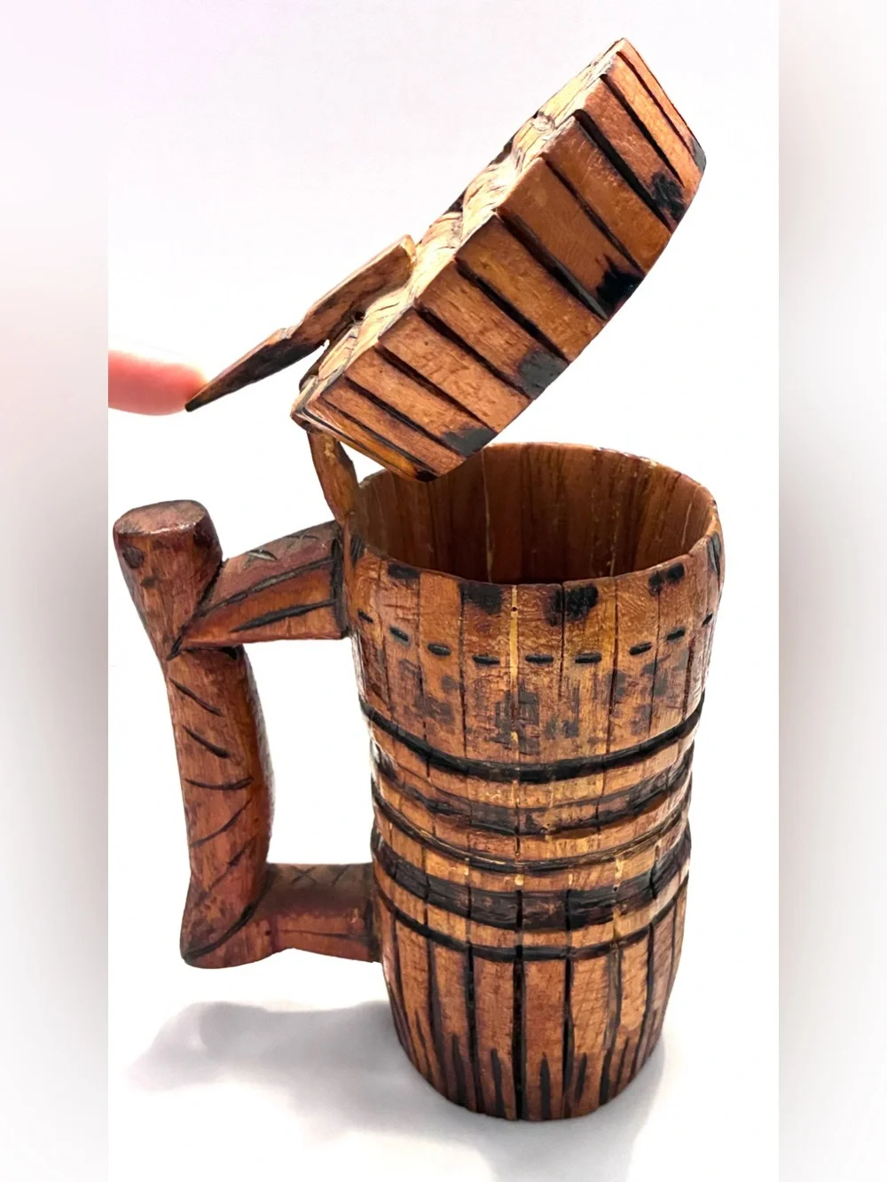 Vintage (1975) handmade, rustic wooden beer tankard